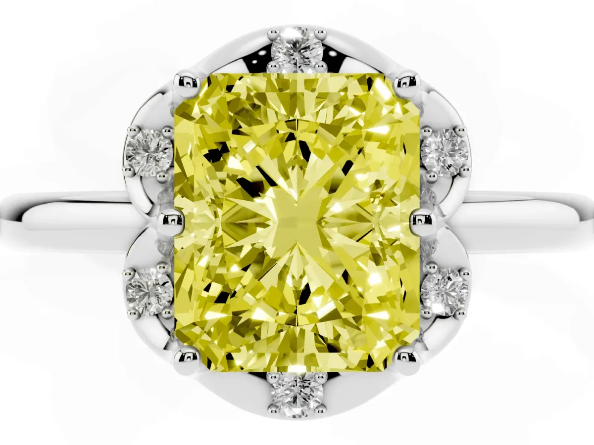 Fancy Yellow Radiant Cut Halo Diamond Ring with Round Cluster Setting, Solitaire Band, and Four-Prong Setting Platinum