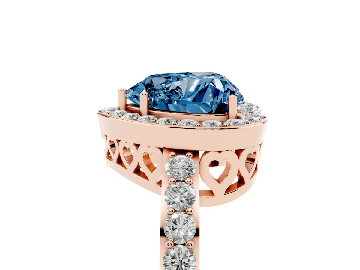 Fancy Blue Heart Cut Halo Diamond Pavé Band Ring with Prong Setting Rose gold