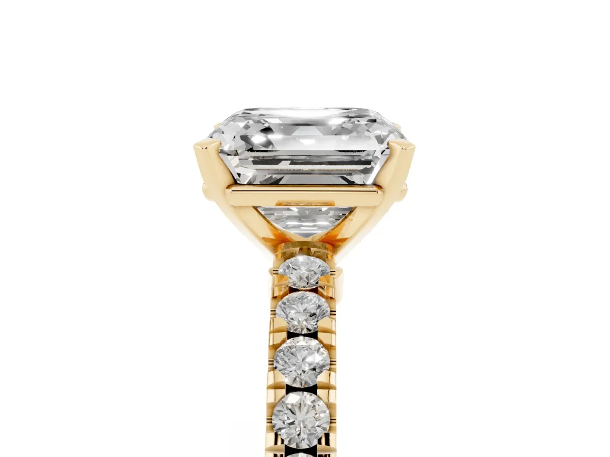 Asscher Cut Solitaire Diamond with Pavé Band and Four-Prong Setting Yellow gold