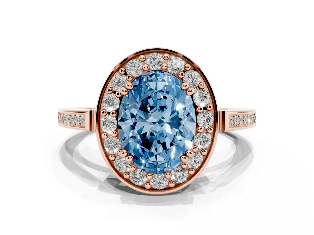 Fancy Blue Oval Cut Diamond Halo Ring with Split Shank and Four-Prong Setting Rose gold