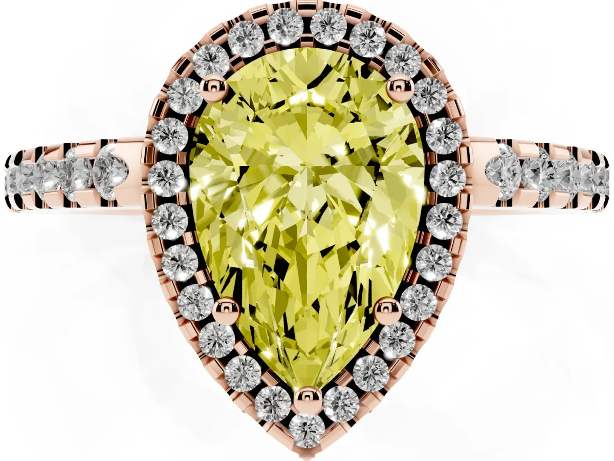 Fancy Yellow Pear Cut Diamond Halo Engagement Ring with Pavé Band and Prong Setting Rose gold