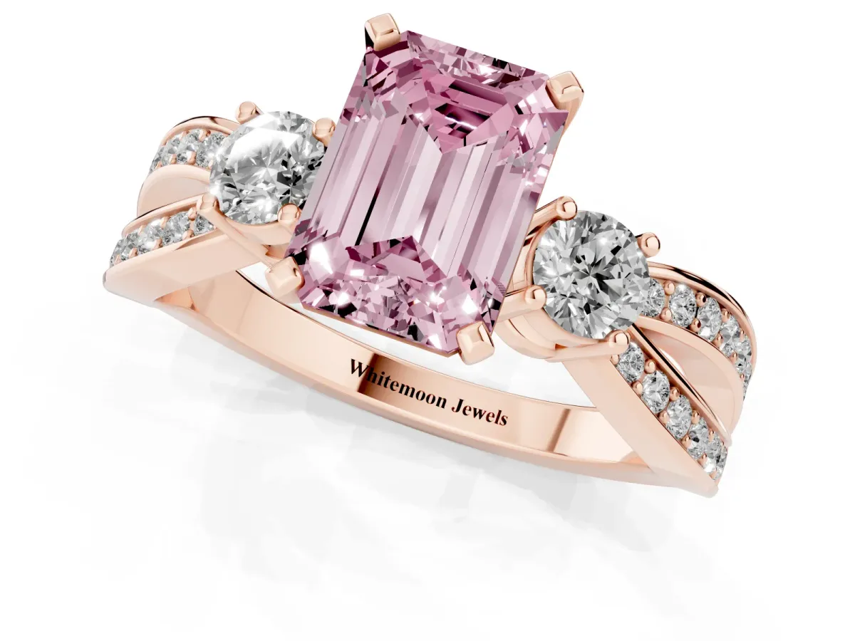 Fancy Pink Three-Stone Emerald Cut Cut Diamond Twist Band with Prong Setting Rose gold