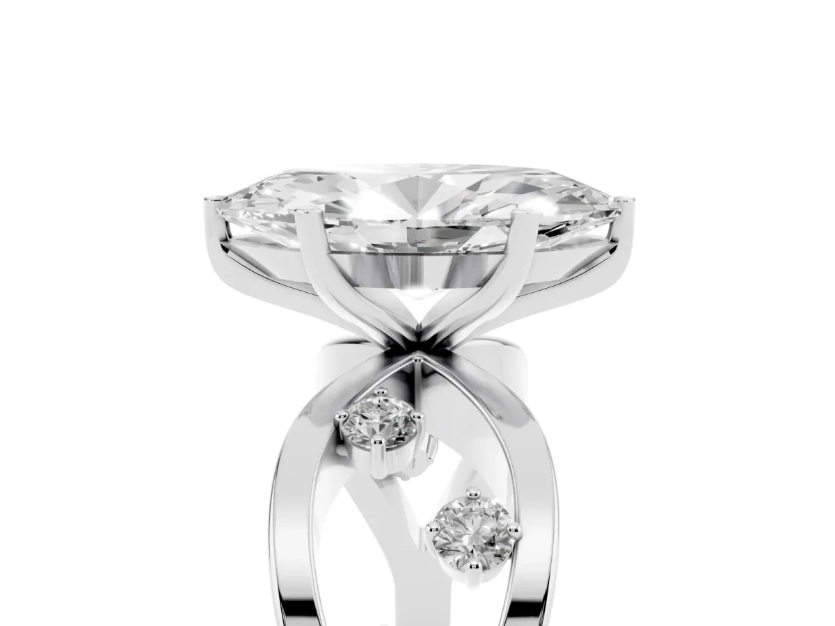 Marquise Cut Cut Solitaire Diamond with Side Stones on Criss-Cross Band and Four-Prong Setting Silver