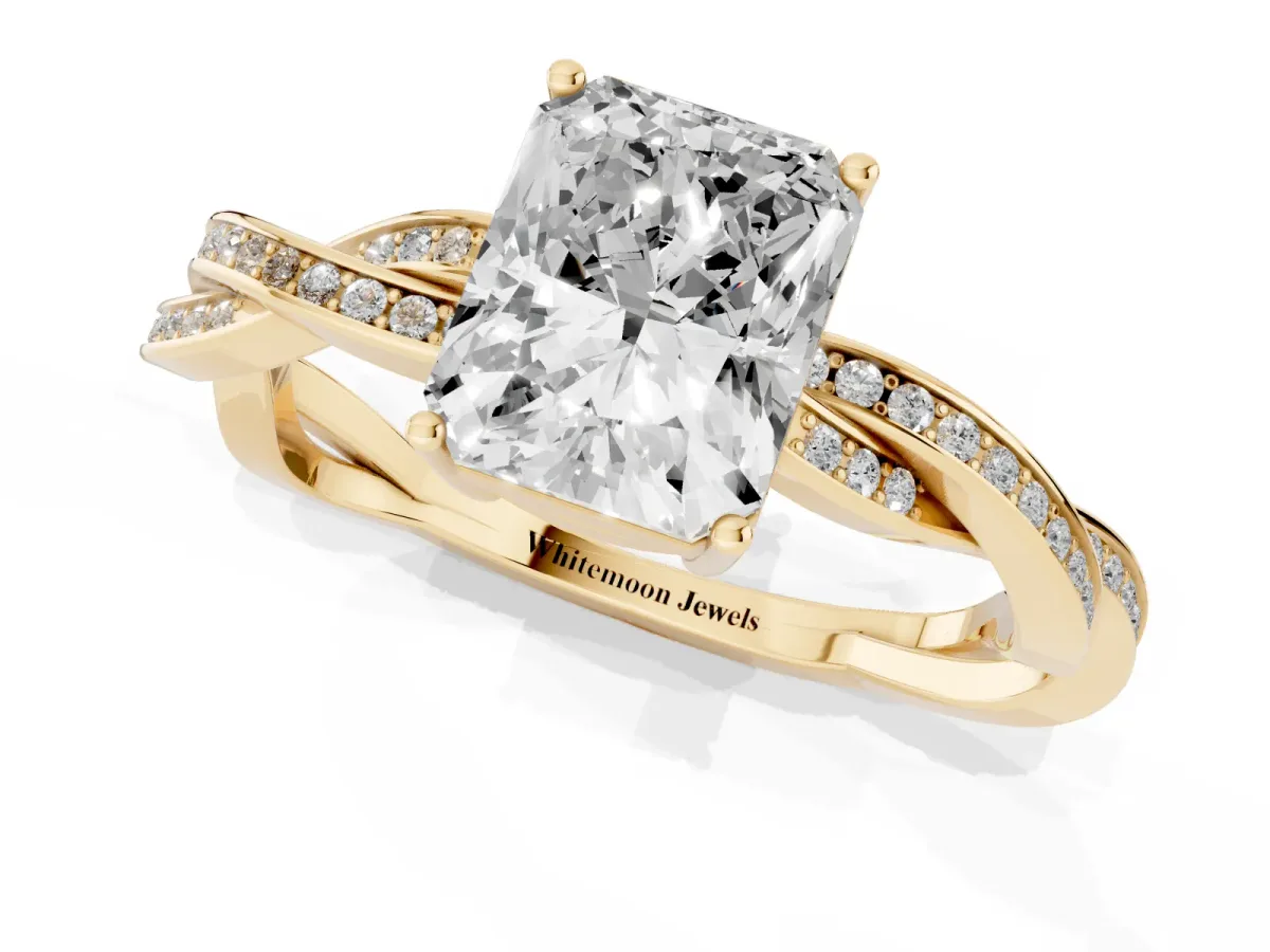 Radiant Cut Solitaire Twisted Pave Diamond Ring with Four-Prong Setting Yellow gold