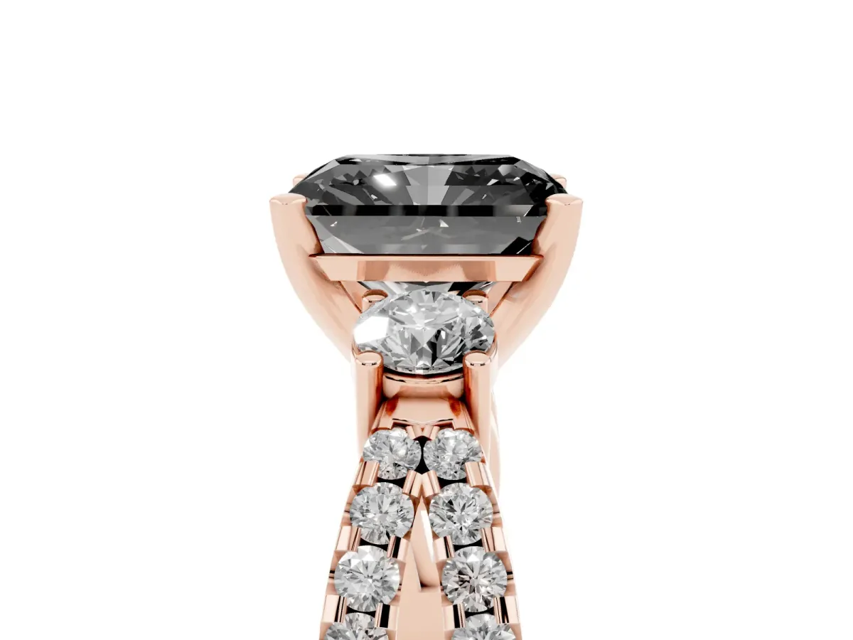 Fancy Black Radiant Cut Diamond Three-Stone Ring with Pavé Split Shank and Four-Prong Setting Rose gold