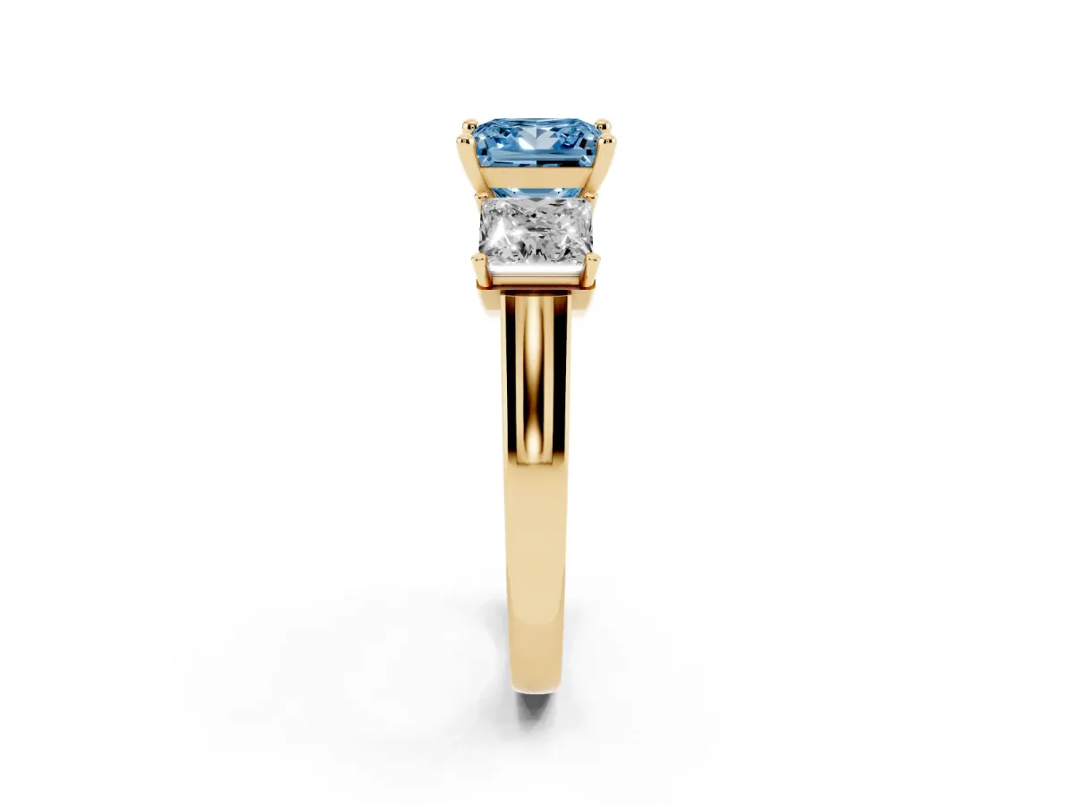 Fancy Blue Three-Stone Princess Cut Brilliant Diamond Trellis Ring with Comfort Fit Band Yellow gold