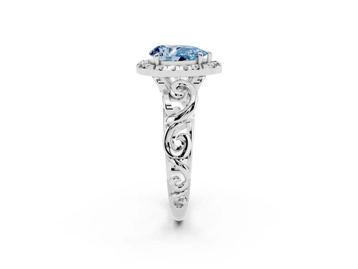 Fancy Blue Pear Cut Cut Halo Diamond Ring with Scrollwork Band and Four-Prong Setting Silver