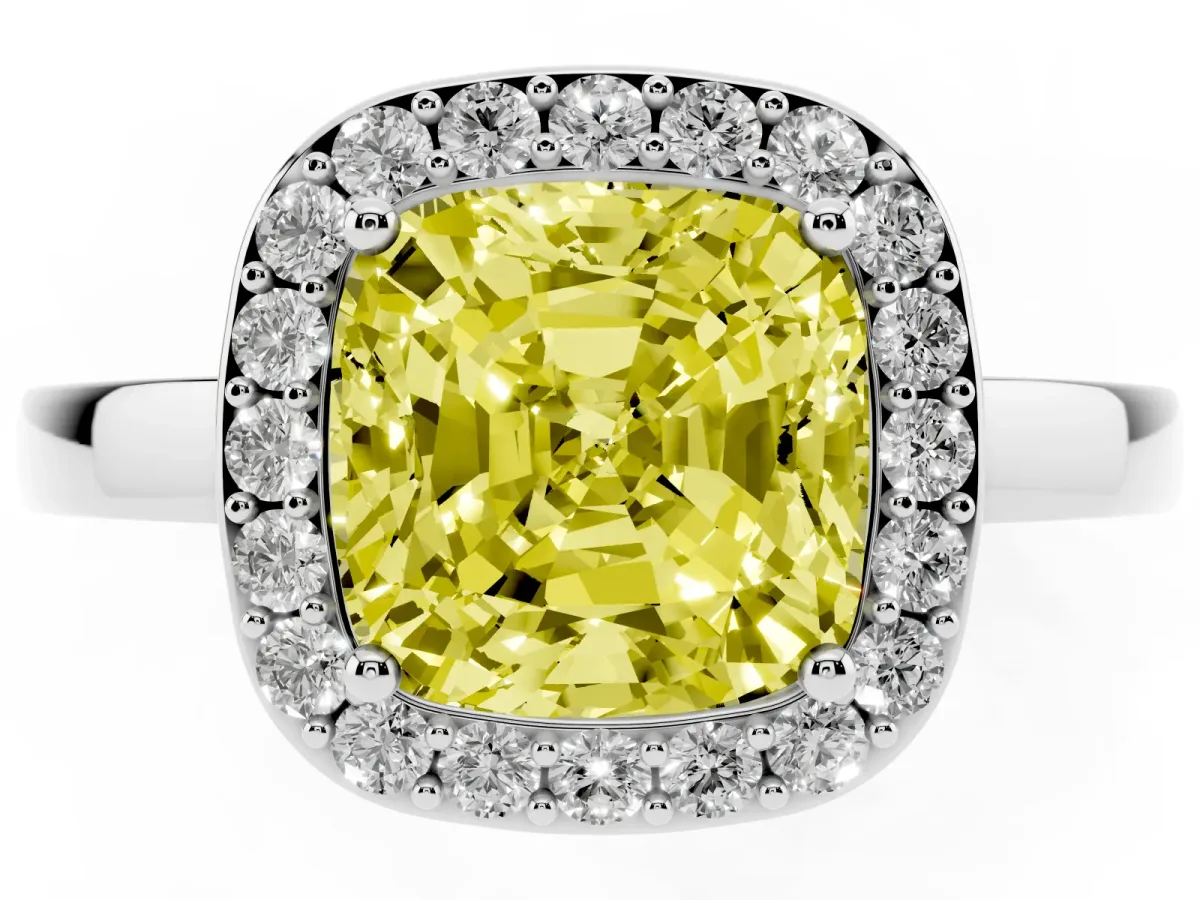 Fancy Yellow Cushion Cut Halo Diamond Ring with Solitaire Band and Prong Setting Platinum