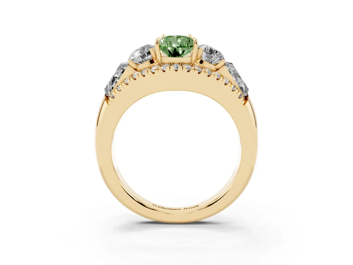 Fancy Green Three-Stone Pear Cut Diamond Engagement Ring with Pave Band and Prong Setting Yellow gold