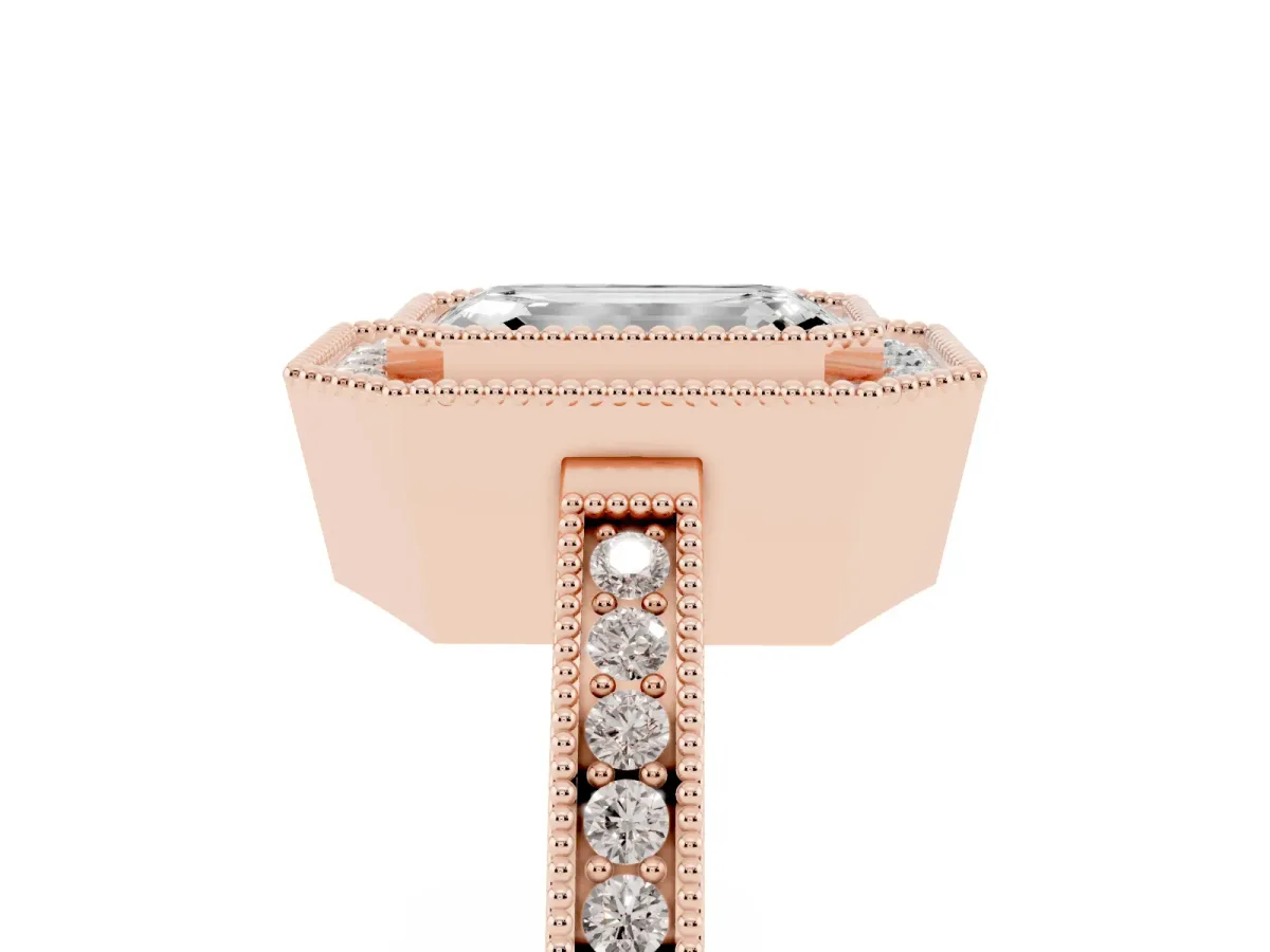 Emerald Cut Cut Halo Diamond Ring with Pavé Band and Milgrain Prong Setting Rose gold