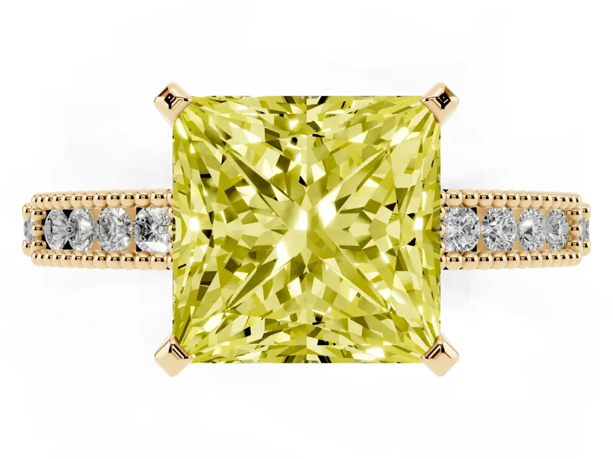Fancy Yellow Princess Cut Solitaire with Pavé Band and Four-Prong Setting Yellow gold