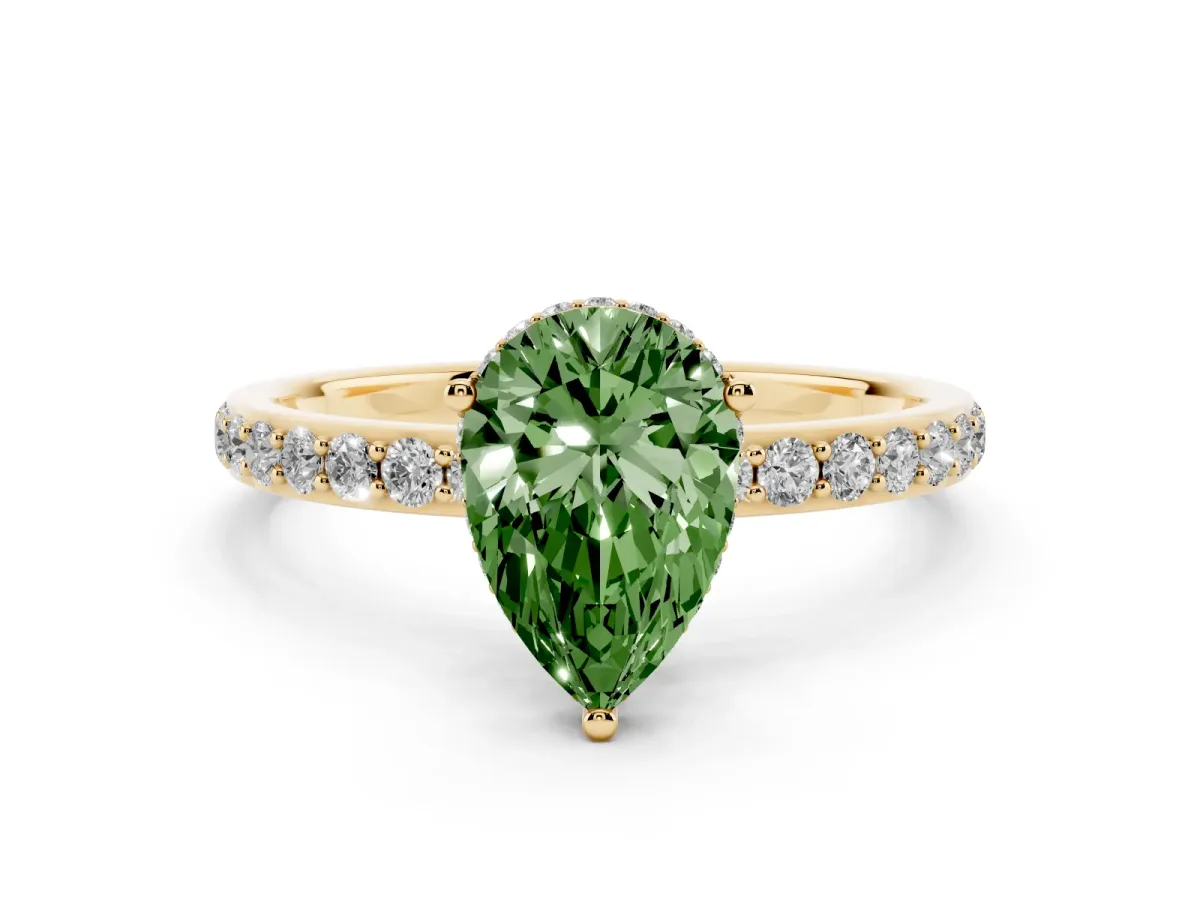 Fancy Green Pear Cut Diamond Solitaire Ring with Pavé Band and Hidden Halo Yellow gold