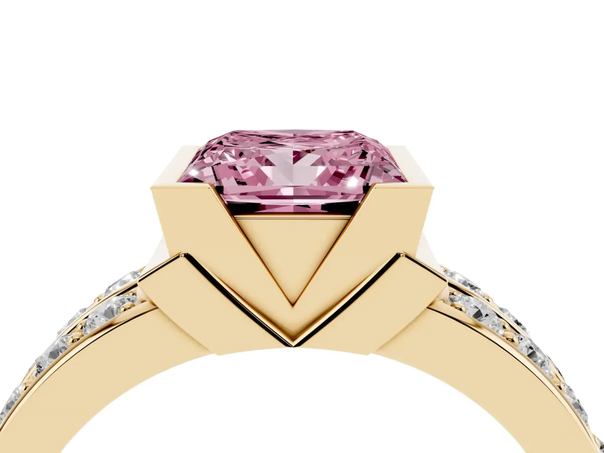 Fancy Pink Princess Cut Brilliant Diamond Channel Set Wide Band Ring with Bezel Setting Yellow gold
