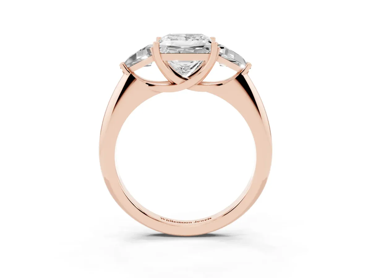 Three-Stone Princess Cut Diamond Engagement Ring with Trillion Side Stones and Prong Setting Rose gold