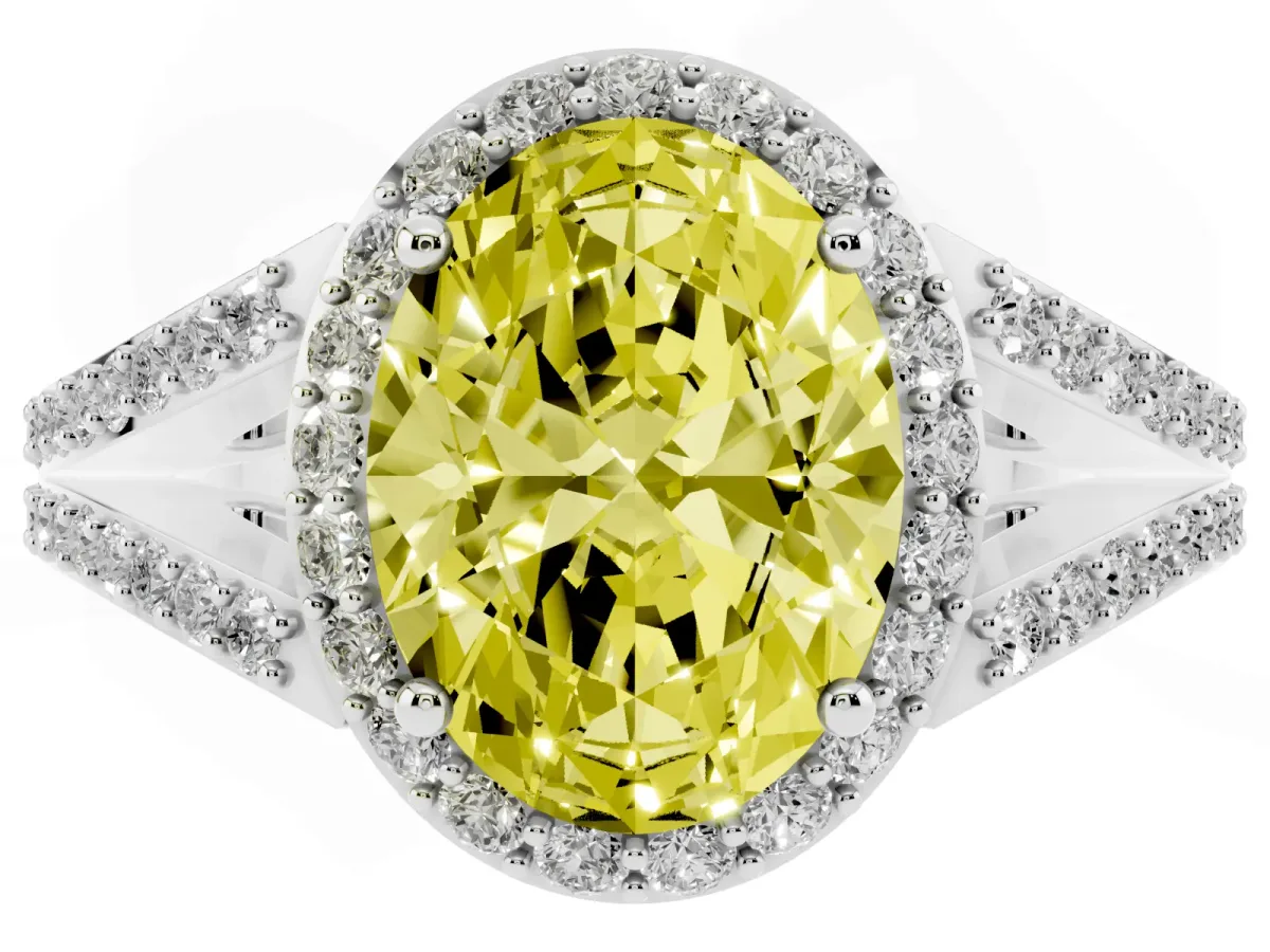 Fancy Yellow Oval Cut Halo Split Shank Pave Diamond Ring with Four-Prong Setting Platinum