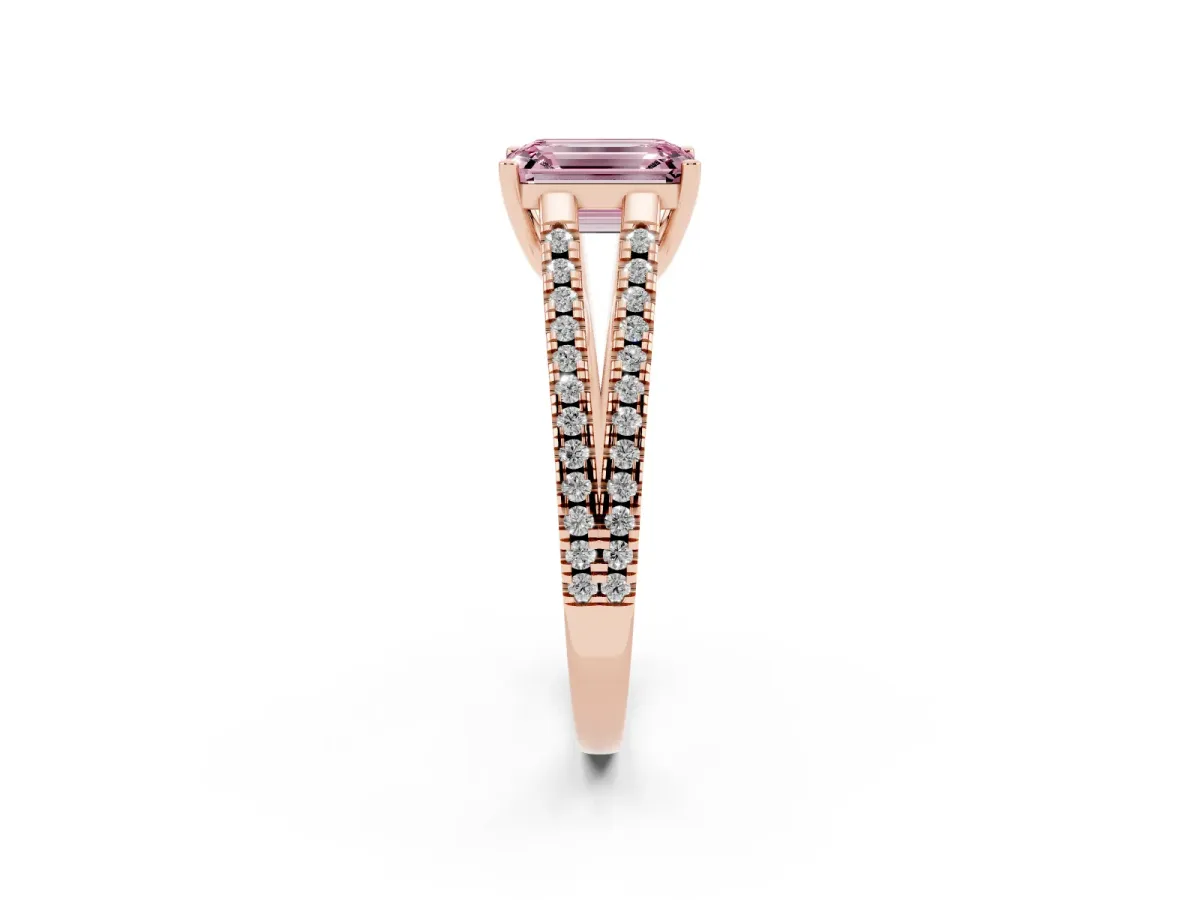 Fancy Pink Emerald Cut Diamond Solitaire Engagement Ring with Split Shank Pavé Band Rose gold