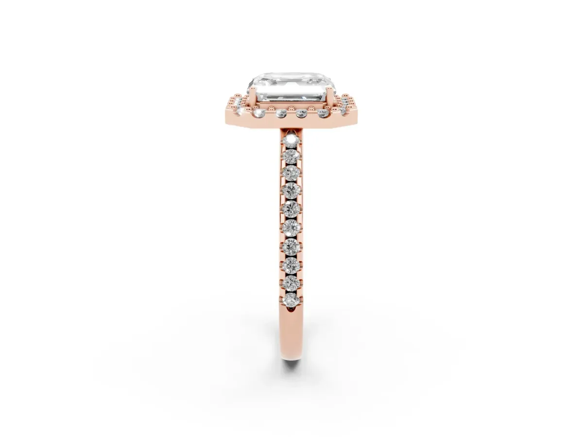 Asscher Cut Diamond Pavé Halo Ring with Four-Prong Setting Rose gold