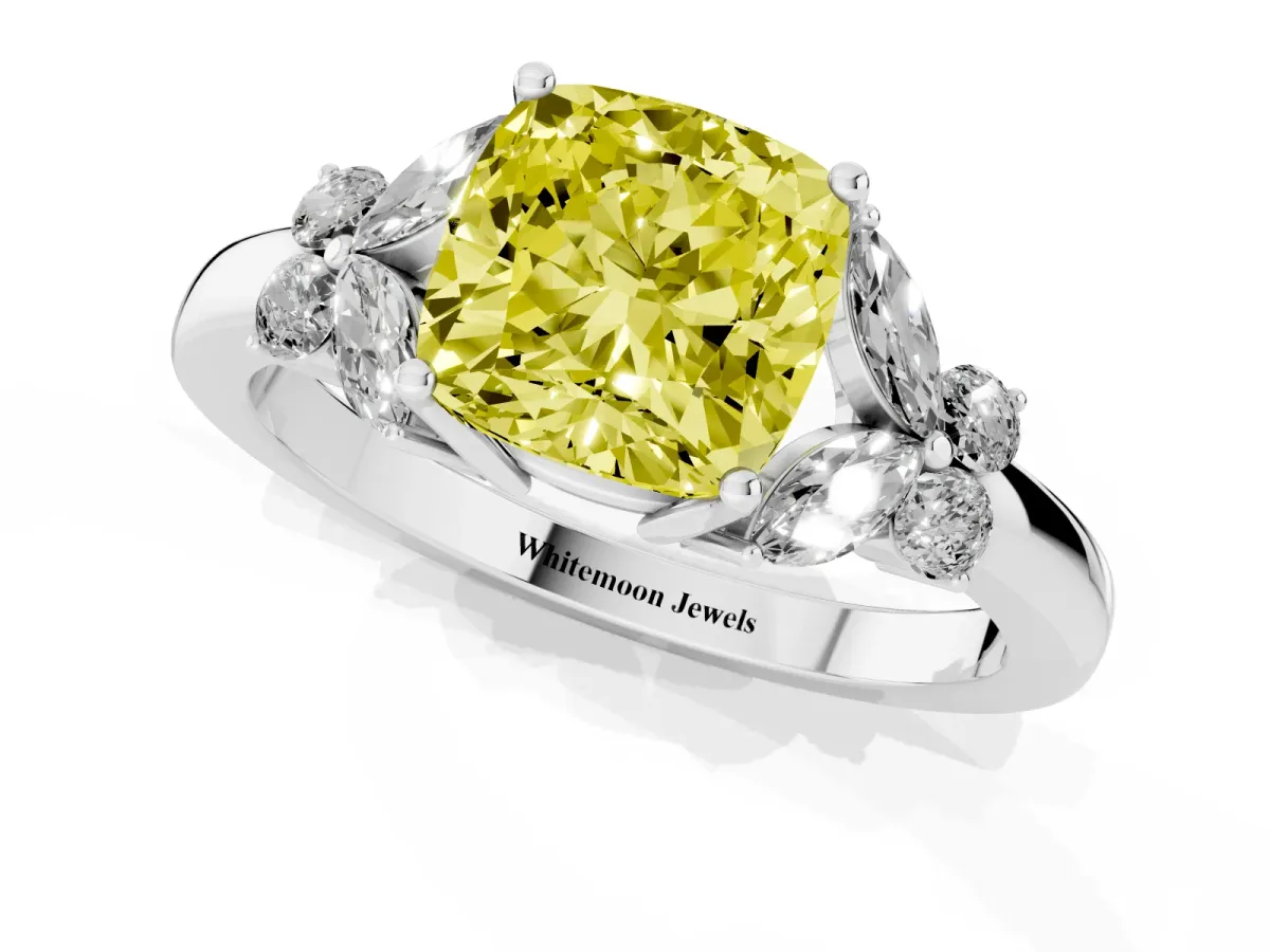 Fancy Yellow Cushion Cut Cut Solitaire Floral Diamond Ring with Four-Prong Setting Silver
