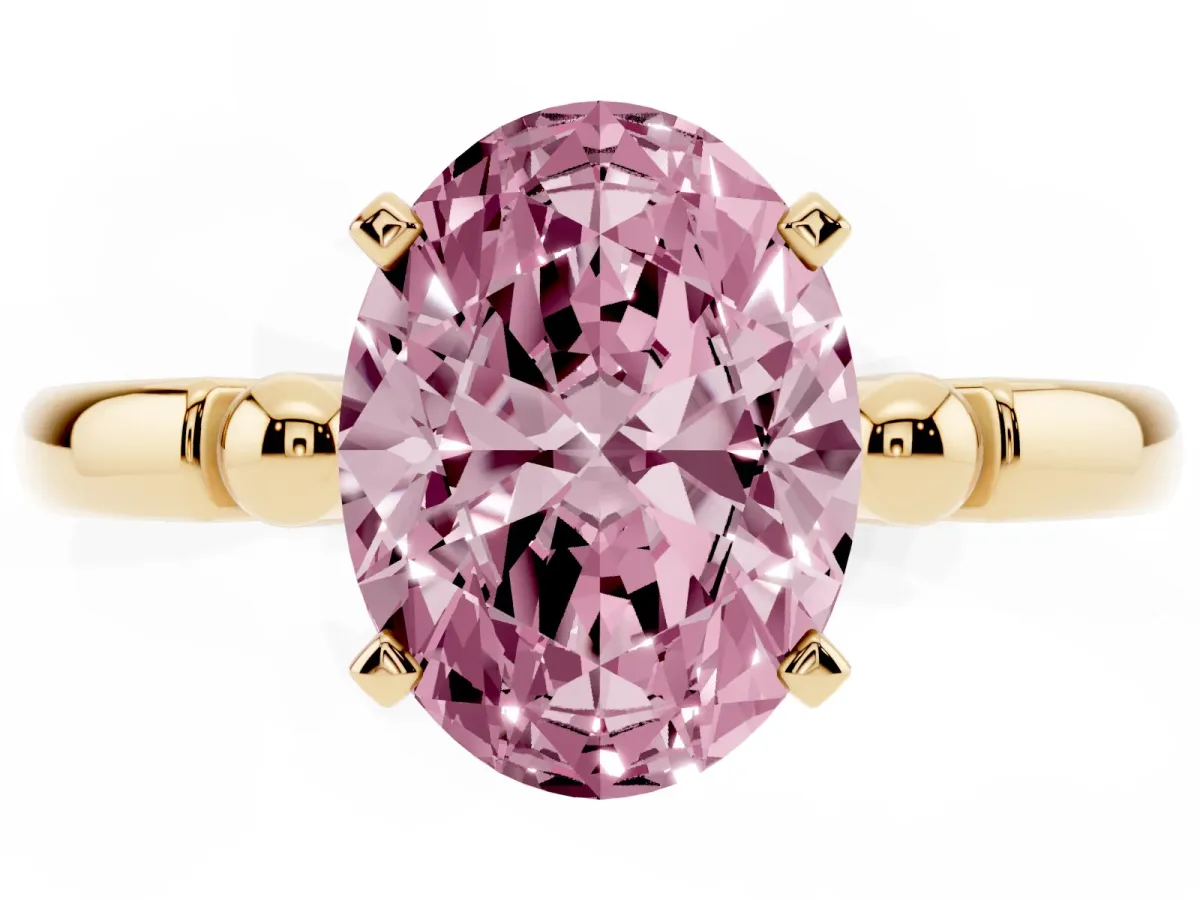 Fancy Pink Oval Cut Solitaire Beaded Band with Four-Prong Setting Yellow gold