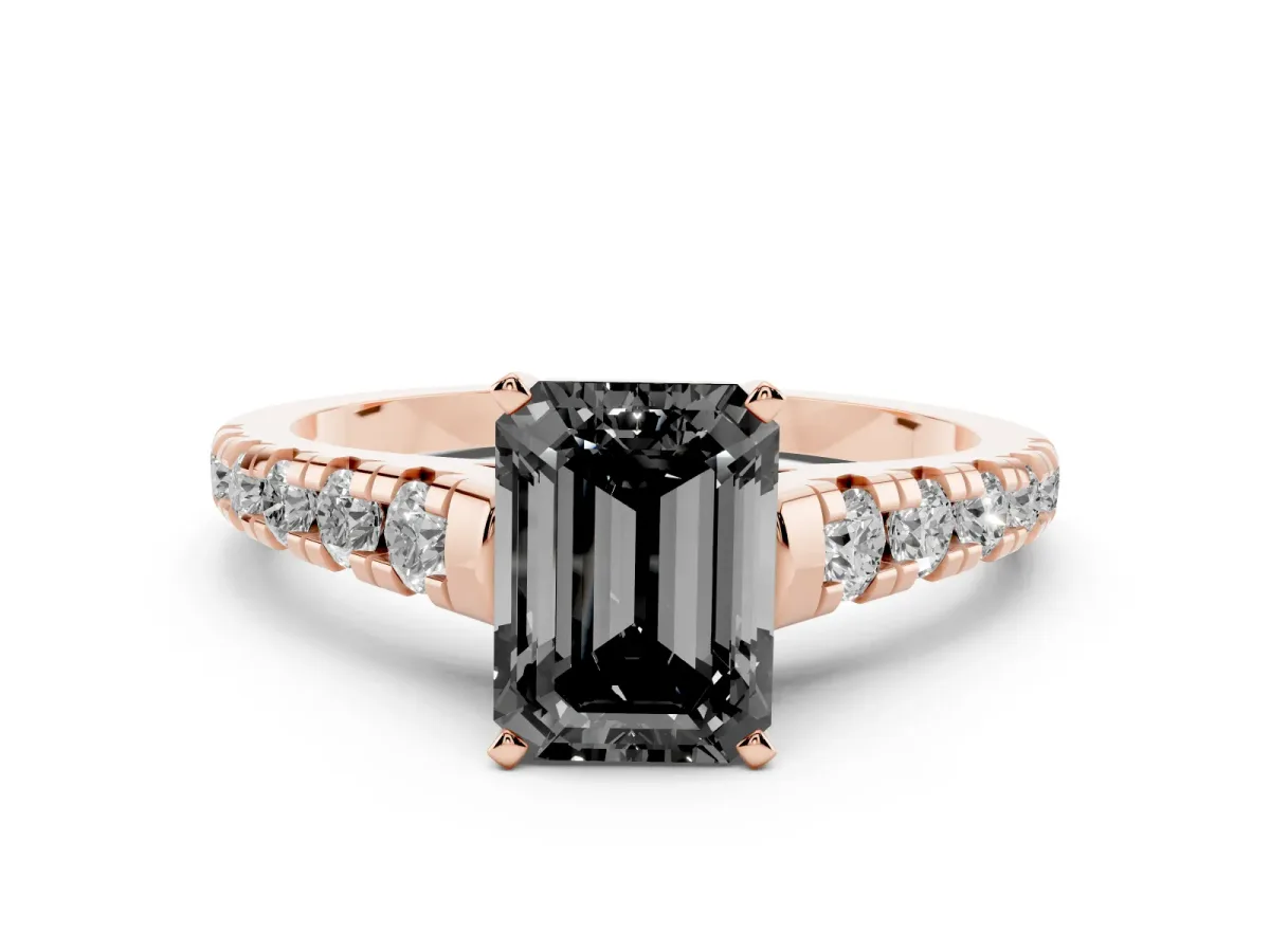 Fancy Black Emerald Cut Diamond Cathedral Solitaire Ring with Round Pavé Band Rose gold