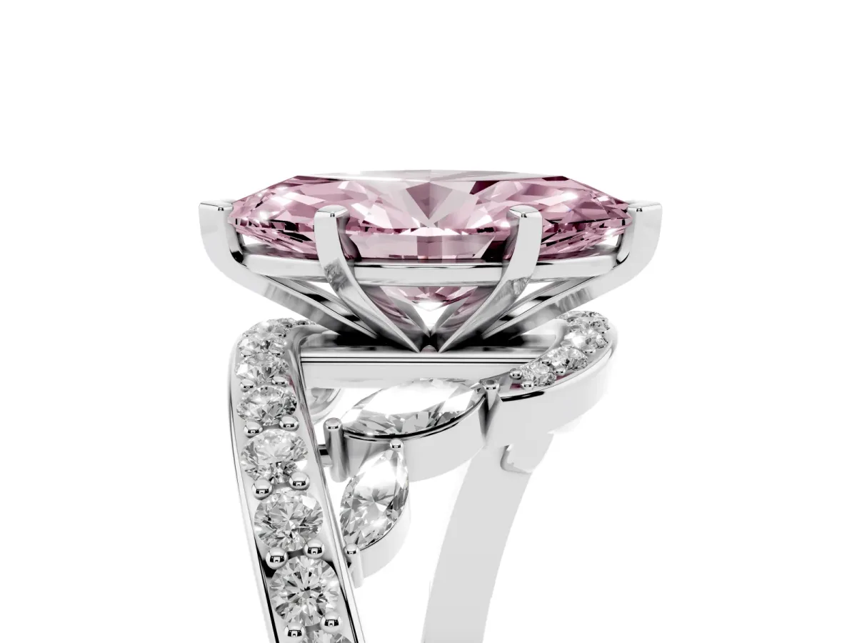 Fancy Pink Marquise Cut Solitaire with Pavé Twist Band and Four-Prong Setting Silver