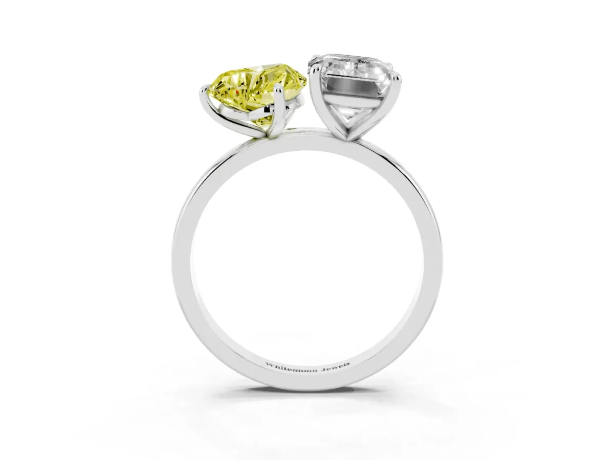 Fancy Yellow Heart Cut and Emerald Cut Toi Moi Ring with Prong Setting Silver
