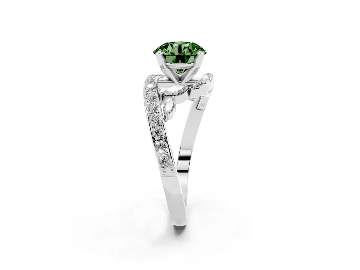 Fancy Green Round Cut Solitaire with Pavé Twist Band and Four-Prong Setting White gold