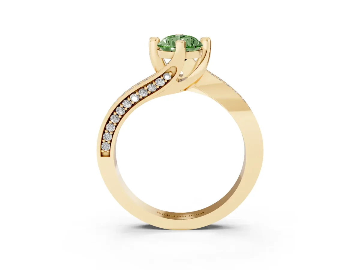 Fancy Green Pear Cut Solitaire Diamond Twist Band with Pavé Setting and Four-Prong Setting Yellow gold