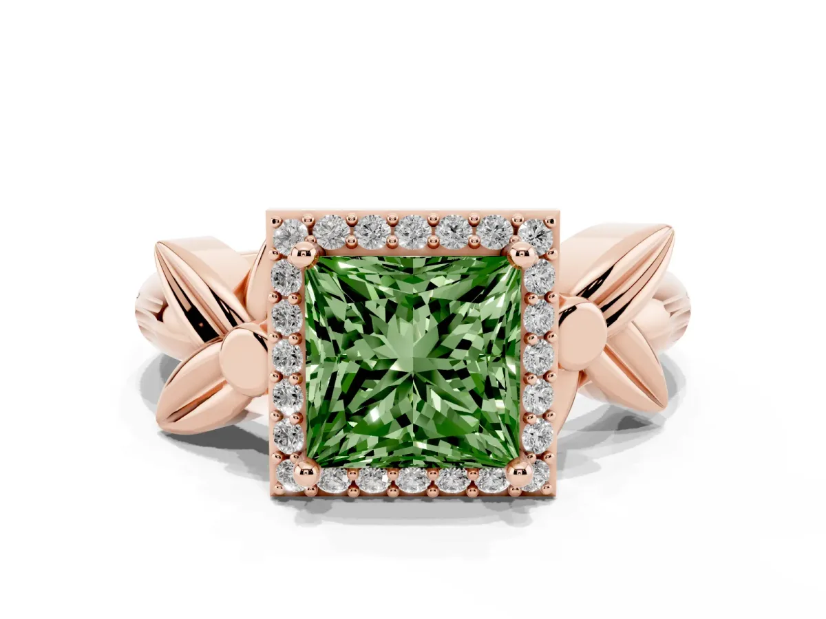 Fancy Green Princess Cut Halo Diamond Floral Band with Four-Prong Setting Rose gold