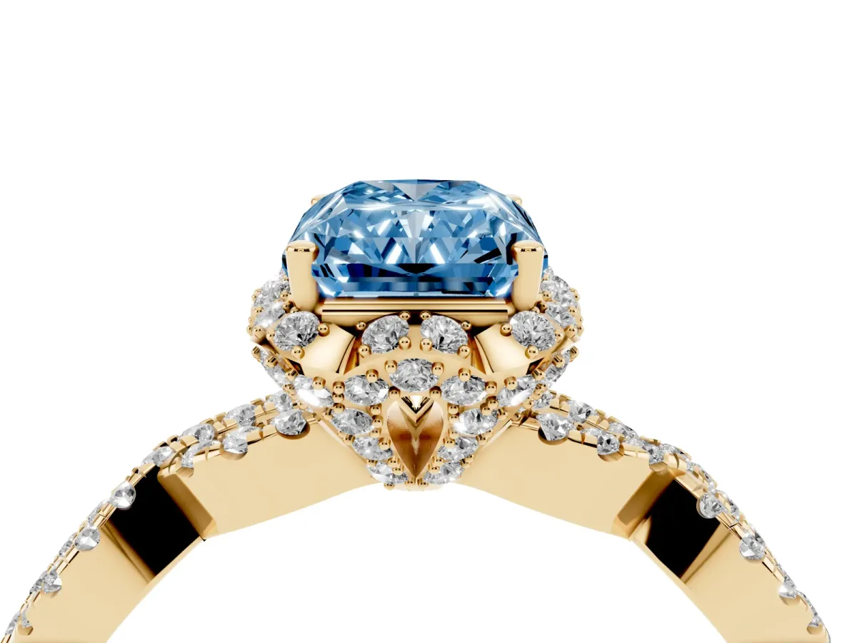 Fancy Blue Radiant Cut Halo Twist Band Solitaire Ring with Six-Prong Setting Yellow gold