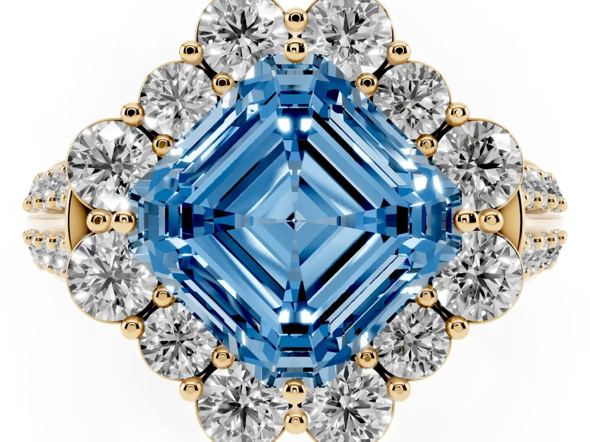 Fancy Blue Asscher Cut Halo Diamond Engagement Ring with Split Shank and Prong Setting Yellow gold
