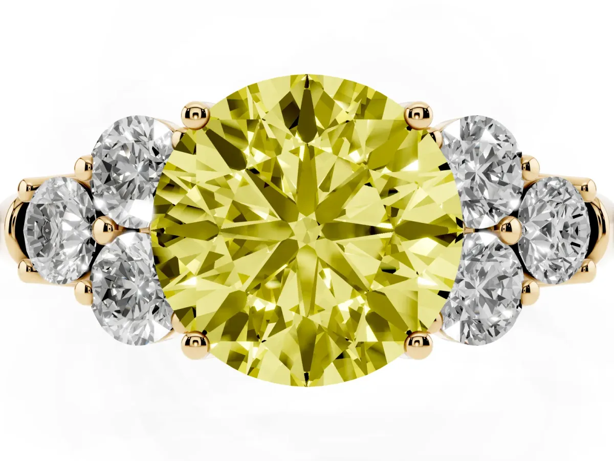 Fancy Yellow Round Cut Cut Diamond Cluster Ring with Round Accent Stones and Prong Setting on a Classic Band Yellow gold