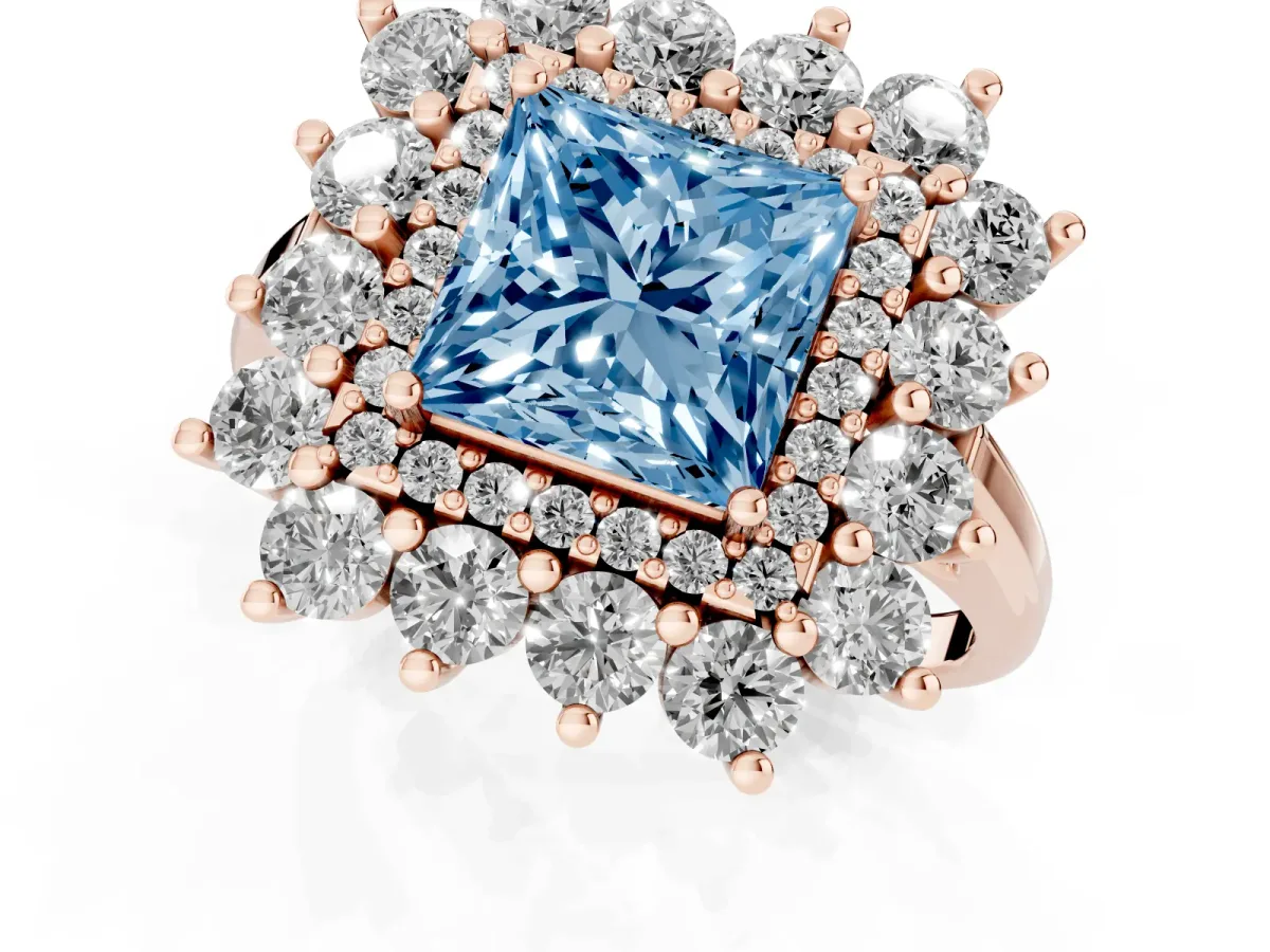 Fancy Blue Princess Cut Diamond Floral Double Halo Engagement Ring with Prong Setting Rose gold