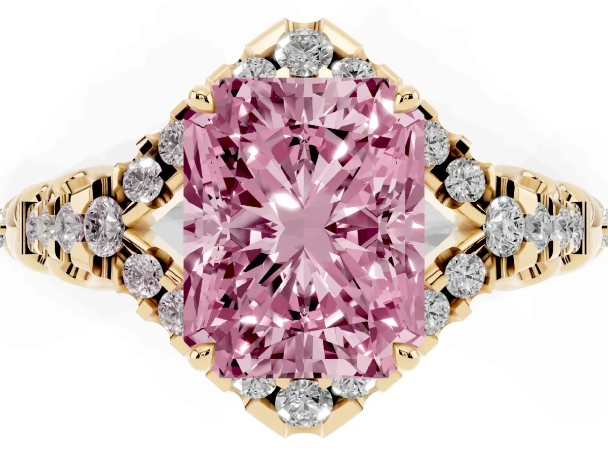 Fancy Pink Radiant Cut Diamond Solitaire Ring with Hidden Halo and Pavé Band Yellow gold