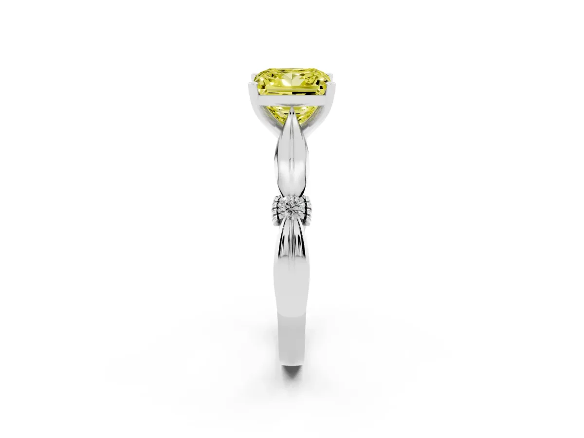 Fancy Yellow Princess Cut Solitaire Diamond Twisted Band with Four-Prong Setting Platinum