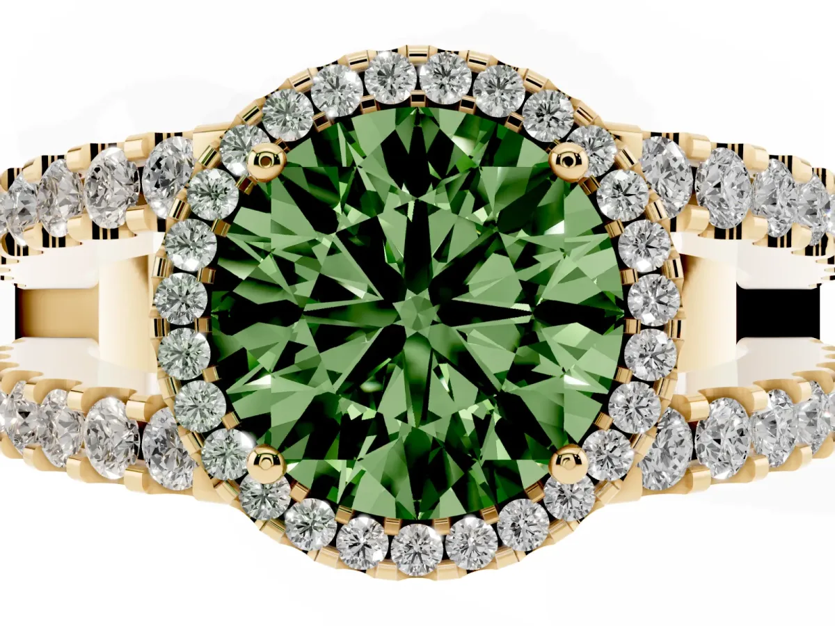 Fancy Green Round Cut Cut Halo Split Shank Diamond Ring with Four-Prong Setting Yellow gold