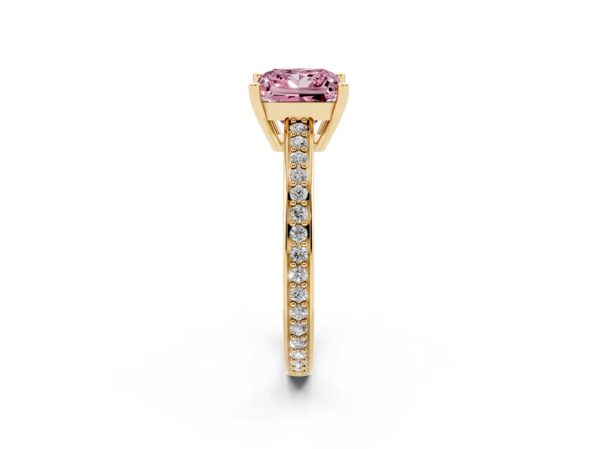 Fancy Pink Princess Cut Solitaire Pavé Band Prong Setting Ring Yellow gold