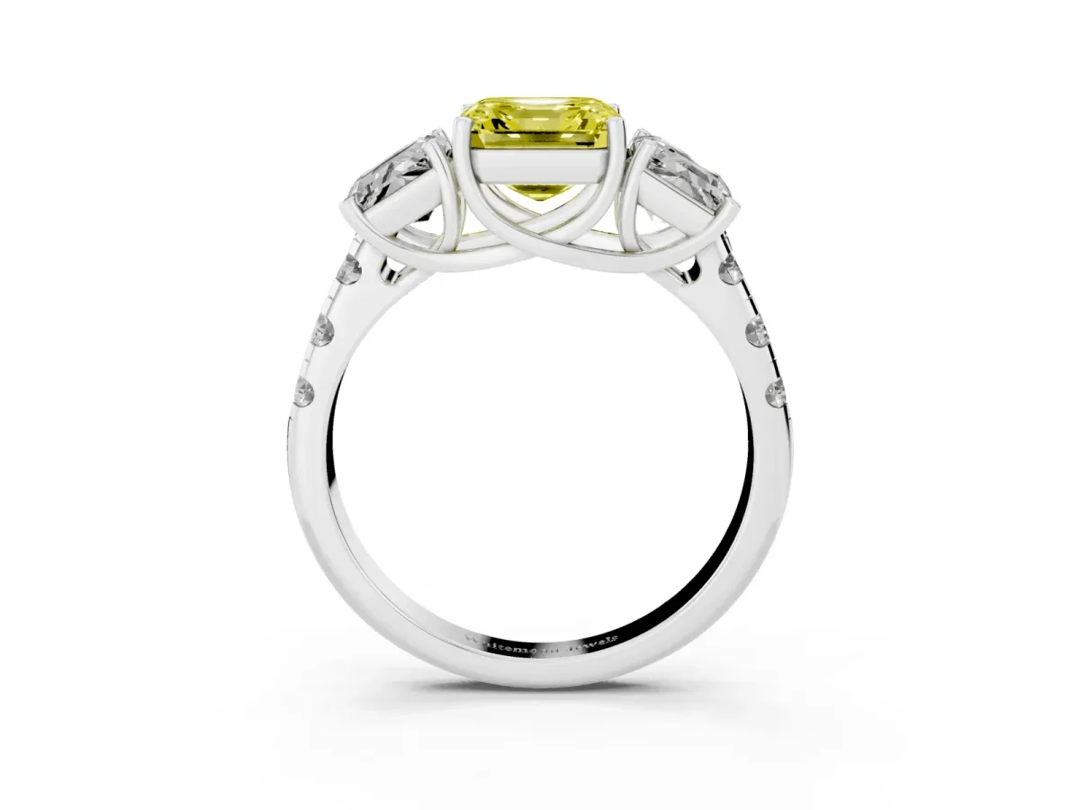 Fancy Yellow Three-Stone Asscher Cut Diamond Pavé Band with Prong Setting Platinum