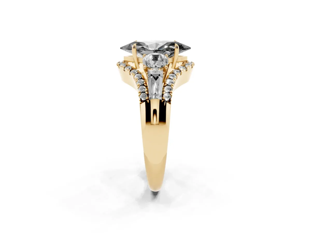 Fancy Black Three-Stone Marquise Cut Diamond Engagement Ring with Pave Band and Prong Setting Yellow gold