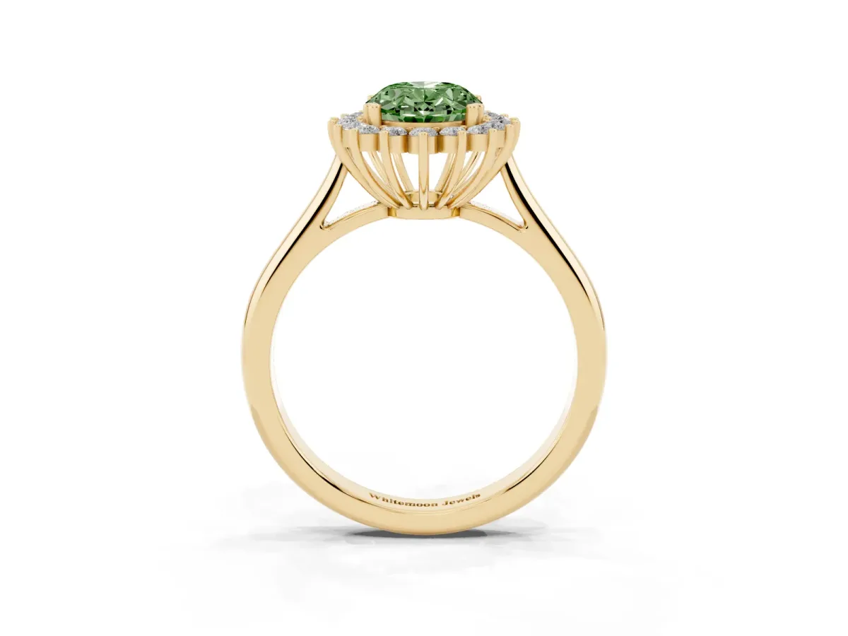 Fancy Green Oval Cut Cut Diamond Halo Ring with Solitaire Band and Prong Setting Yellow gold