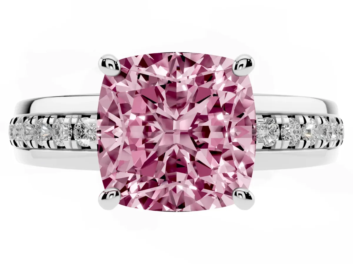 Fancy Pink Cushion Cut Solitaire Diamond Ring with Channel Set Band and Six-Prong Setting White gold