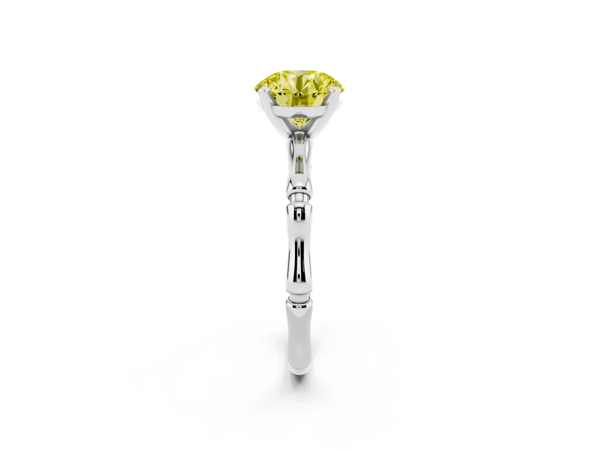Fancy Yellow Round Cut Solitaire Diamond Ring with Bamboo Band and Four-Prong Setting Silver
