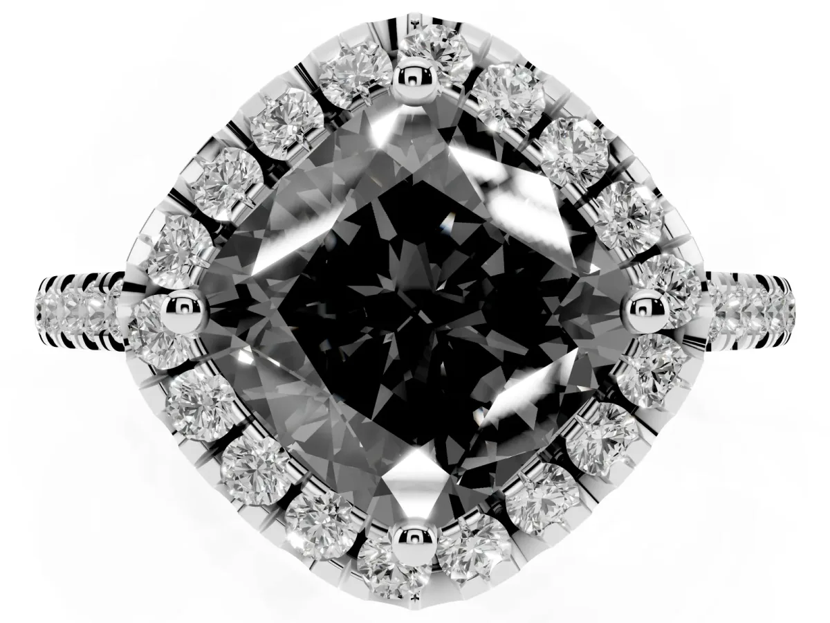 Fancy Black Cushion Cut Diamond Cushion Halo Ring with Pavé Band Silver