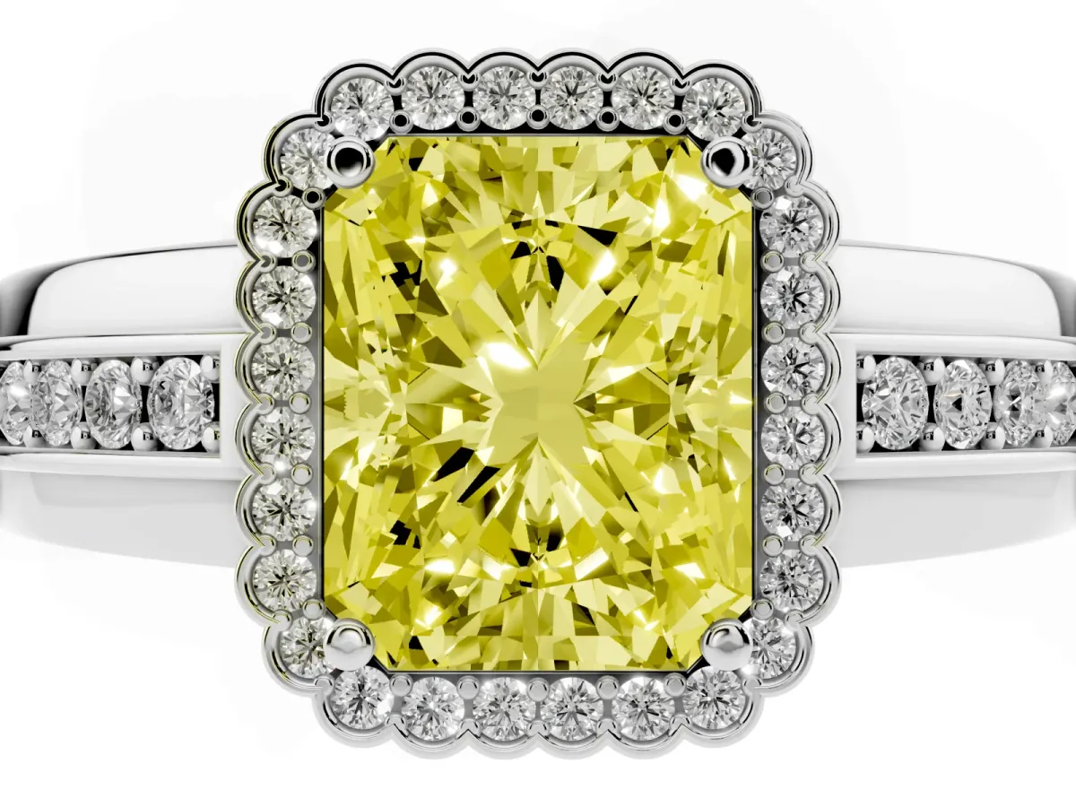 Fancy Yellow Radiant Cut Cut Halo Pave Band Four-Prong Ring Platinum
