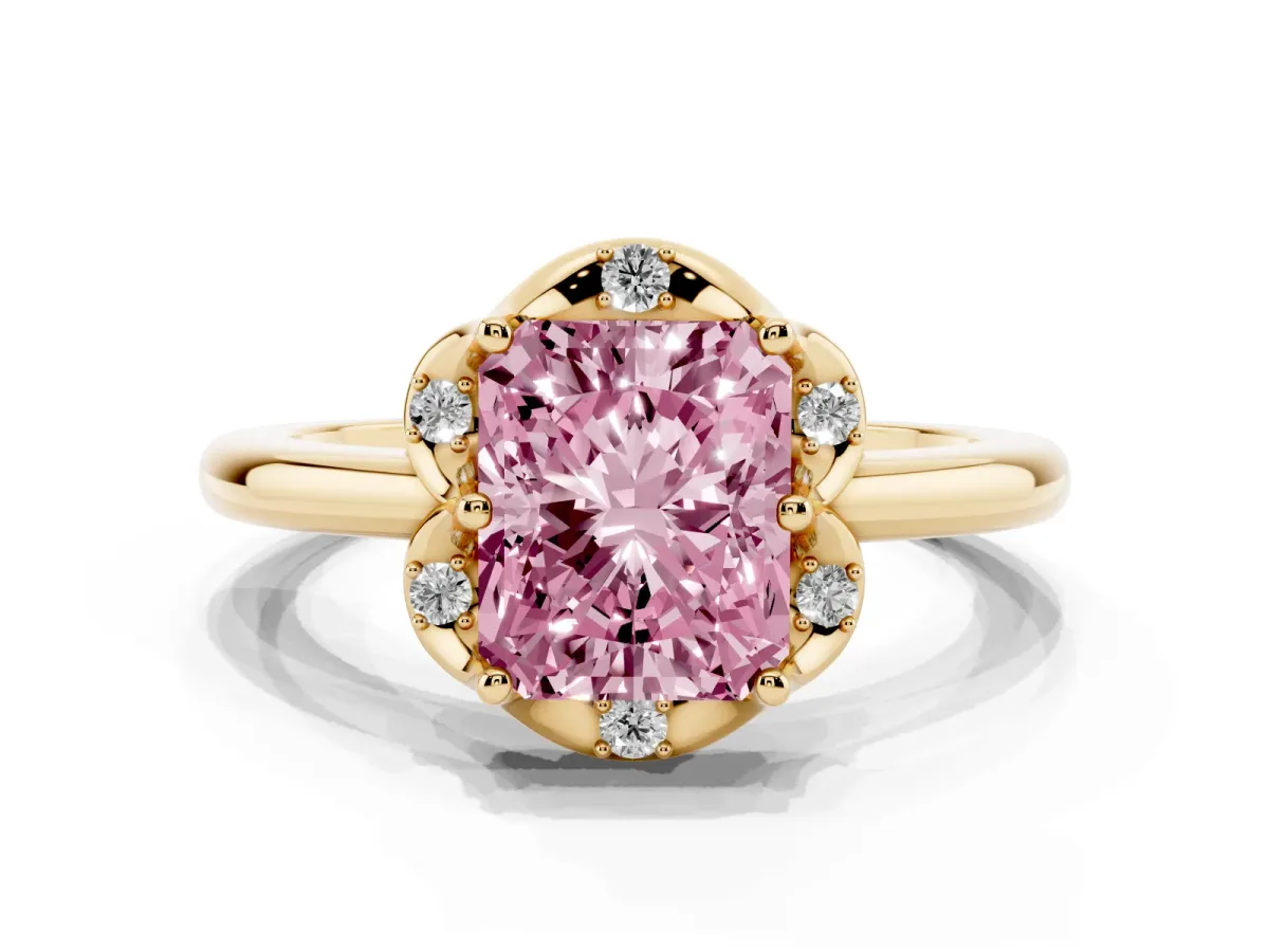 Fancy Pink Radiant Cut Halo Diamond Ring with Round Cluster Setting, Solitaire Band, and Four-Prong Setting Yellow gold