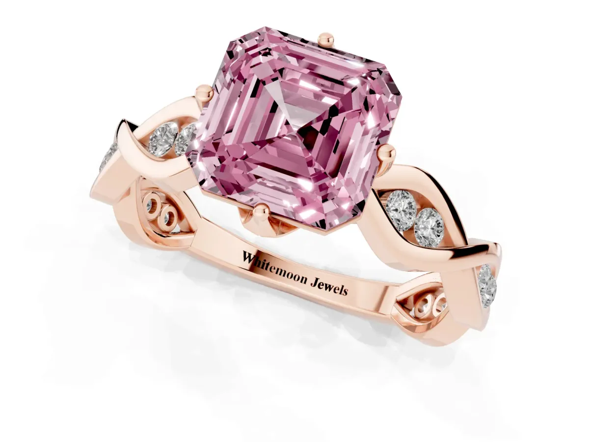Fancy Pink Asscher Cut Solitaire Twist Band with Leaf Prong Setting Rose gold