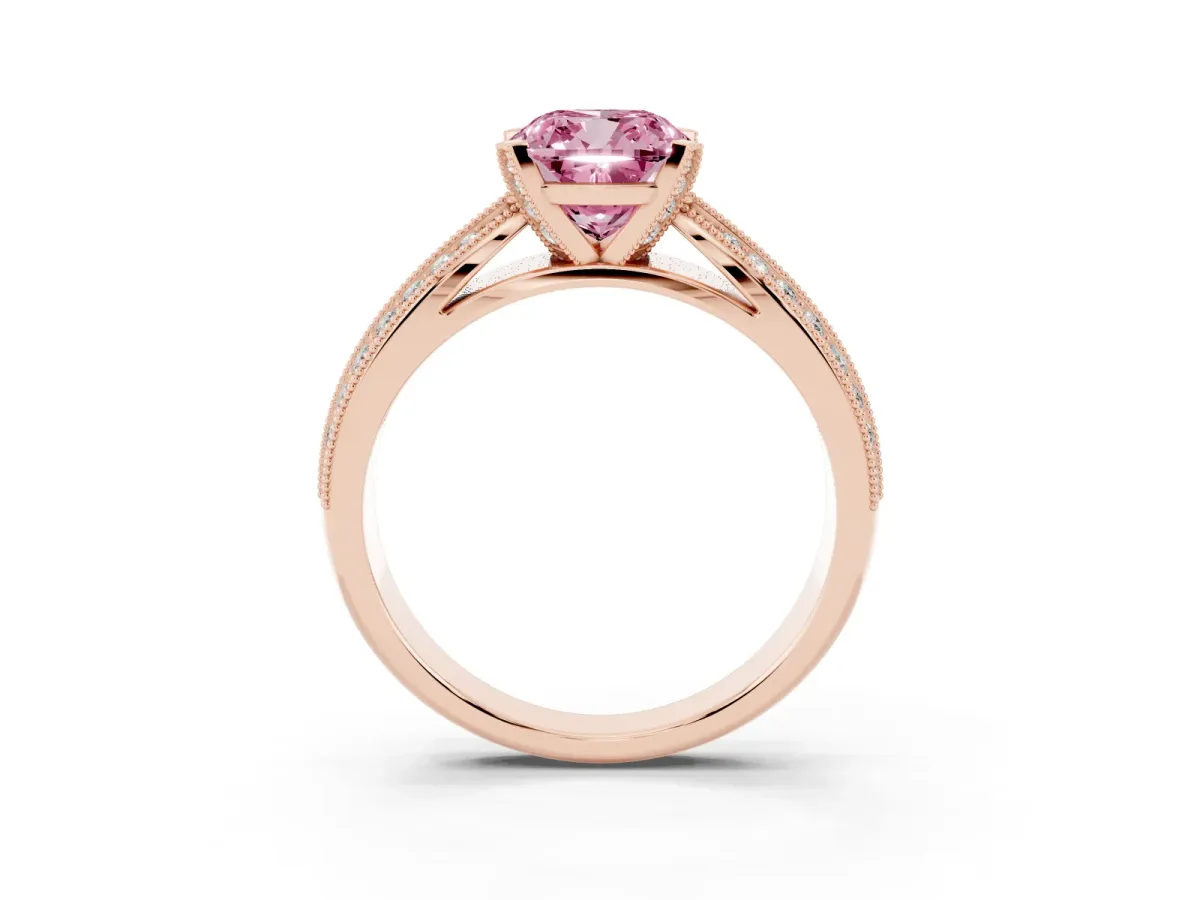 Fancy Pink Cushion Cut Diamond Solitaire Ring with Milgrain Round Pavé Band and Prong Setting Rose gold