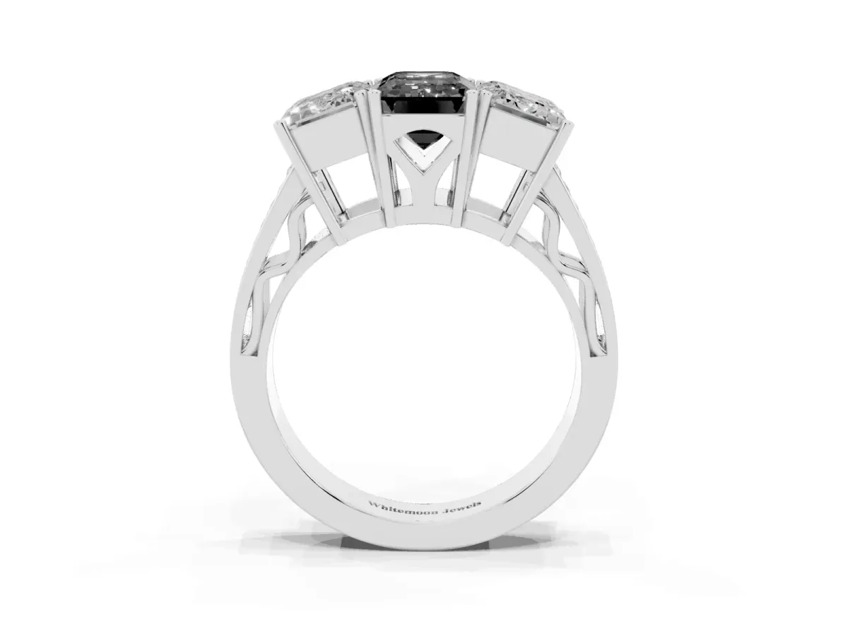 Fancy Black Emerald Cut Diamond Three-Stone Ring with Prong Setting and Textured Band Silver