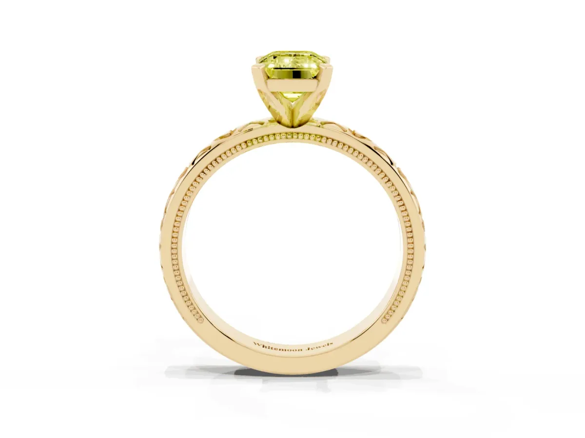 Fancy Yellow Emerald Cut Solitaire Diamond Engagement Ring with XO Engraved Band and Four-Prong Setting Yellow gold
