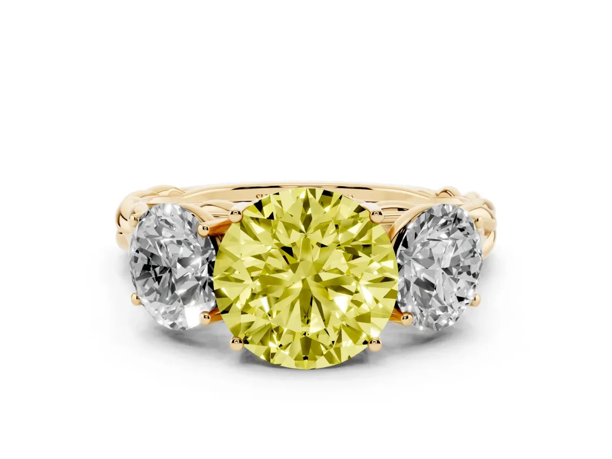 Fancy Yellow Three-Stone Round Cut Diamond Braided Band Ring with Four-Prong Setting Yellow gold